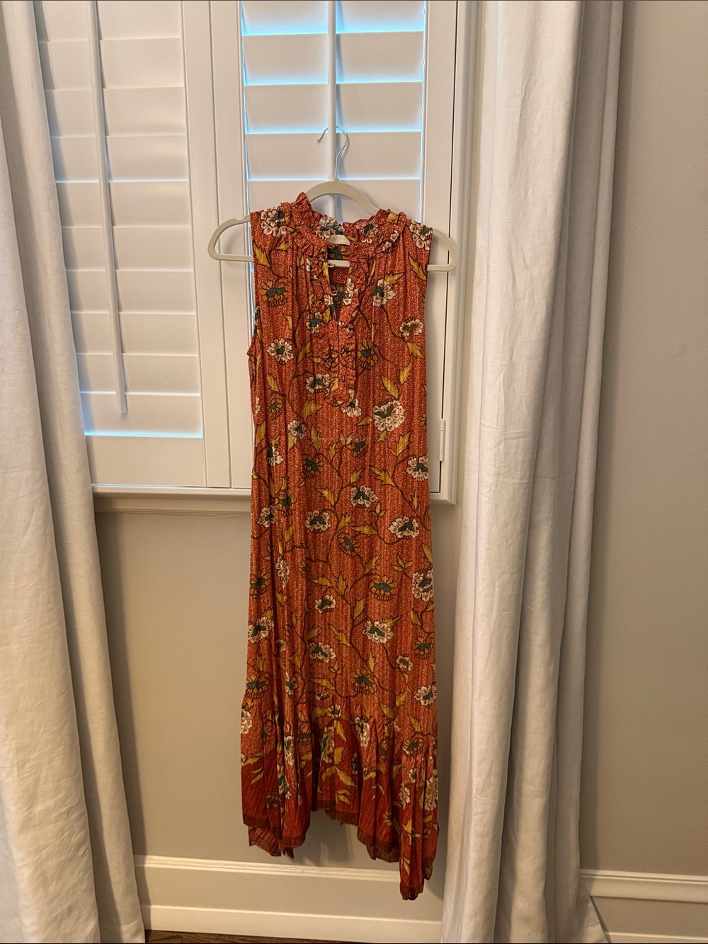 Ulla Johnson Rust Floral Ruffle-Neck Maxi Dress